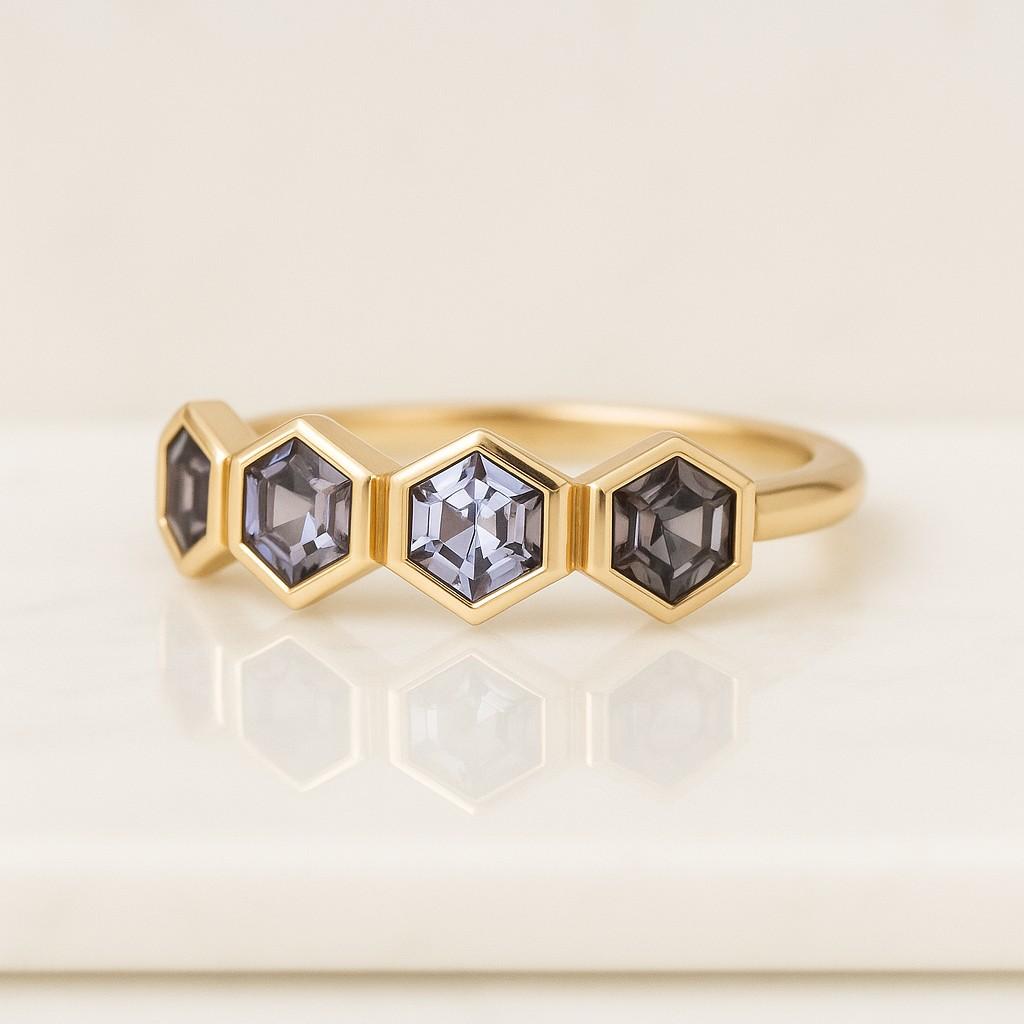 Hexagon Cut Alexandrite Wedding Band Rose Gold Marquise Cut Blue Sapphire Ring Art Deco Bridal Stacking Matching Band