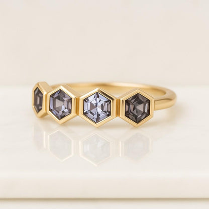 Hexagon Cut Alexandrite Wedding Band Rose Gold Marquise Cut Blue Sapphire Ring Art Deco Bridal Stacking Matching Band