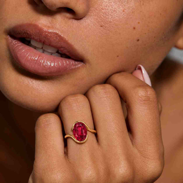 14k Oval Ruby lab Gemstone Ring, Bezel Set Ruby Engagement Ring, Minimalist Gold Ring with Side Pear Diamonds, Modern Statement Ring
