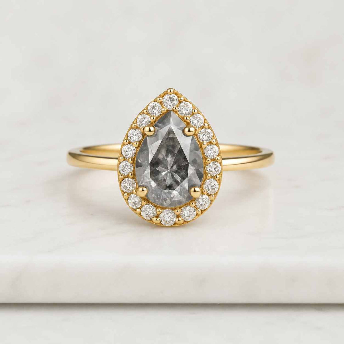14k Pear Cut Salt And Pepper Diamond Halo Wedding Ring