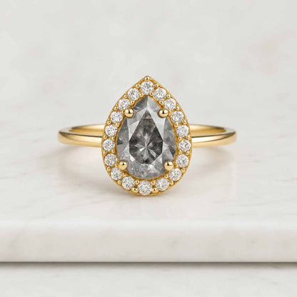 14k Pear Cut Salt And Pepper Diamond Halo Wedding Ring