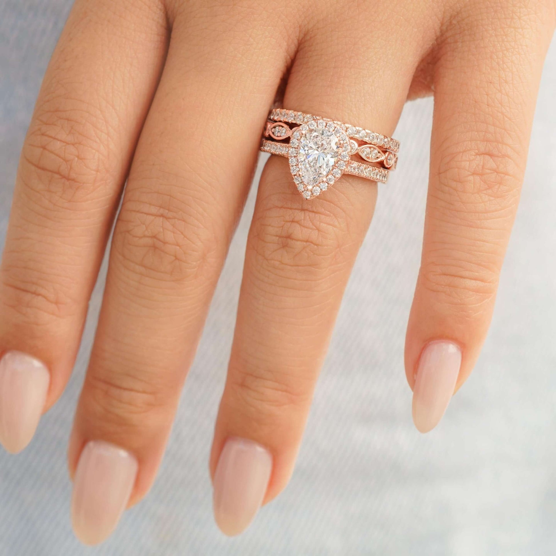 14k Rose Gold Pear Cut Diamond Halo Bridal Set Wedding Ring