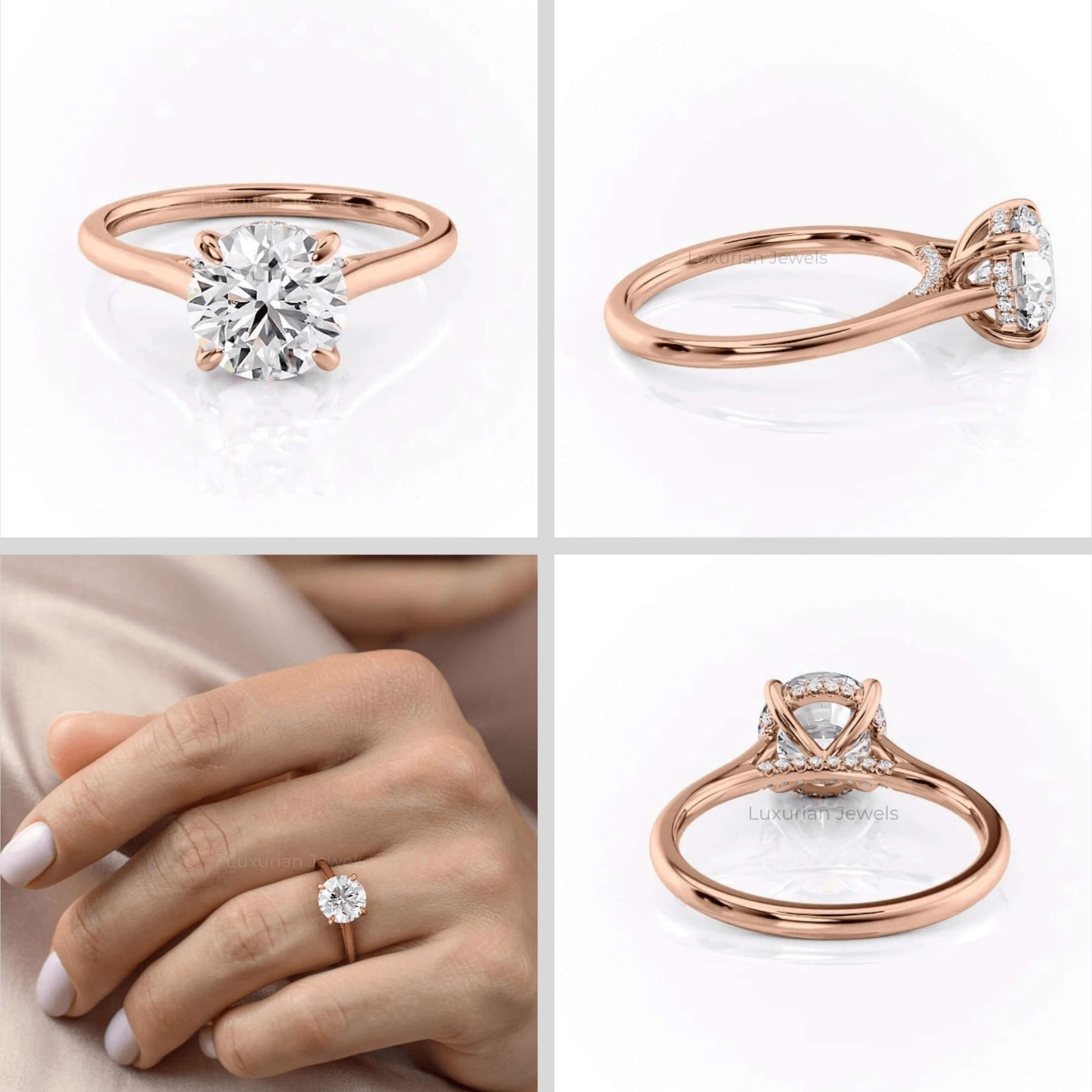 14k Rose Gold Round Cut Diamond Engagement Ring With Hidden Halo