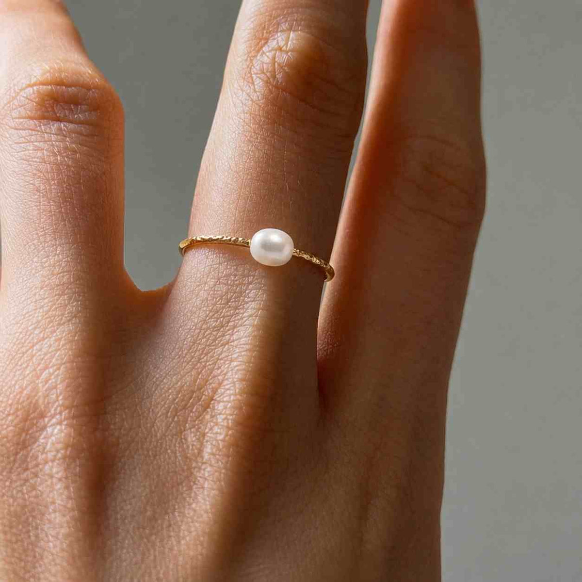 14k Solid Gold 5mm Pearl Ring: Minimalist Dainty Stacking Ring

