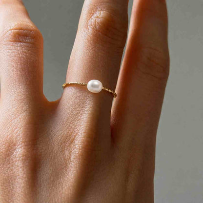 14k Solid Gold 5mm Pearl Ring: Minimalist Dainty Stacking Ring
