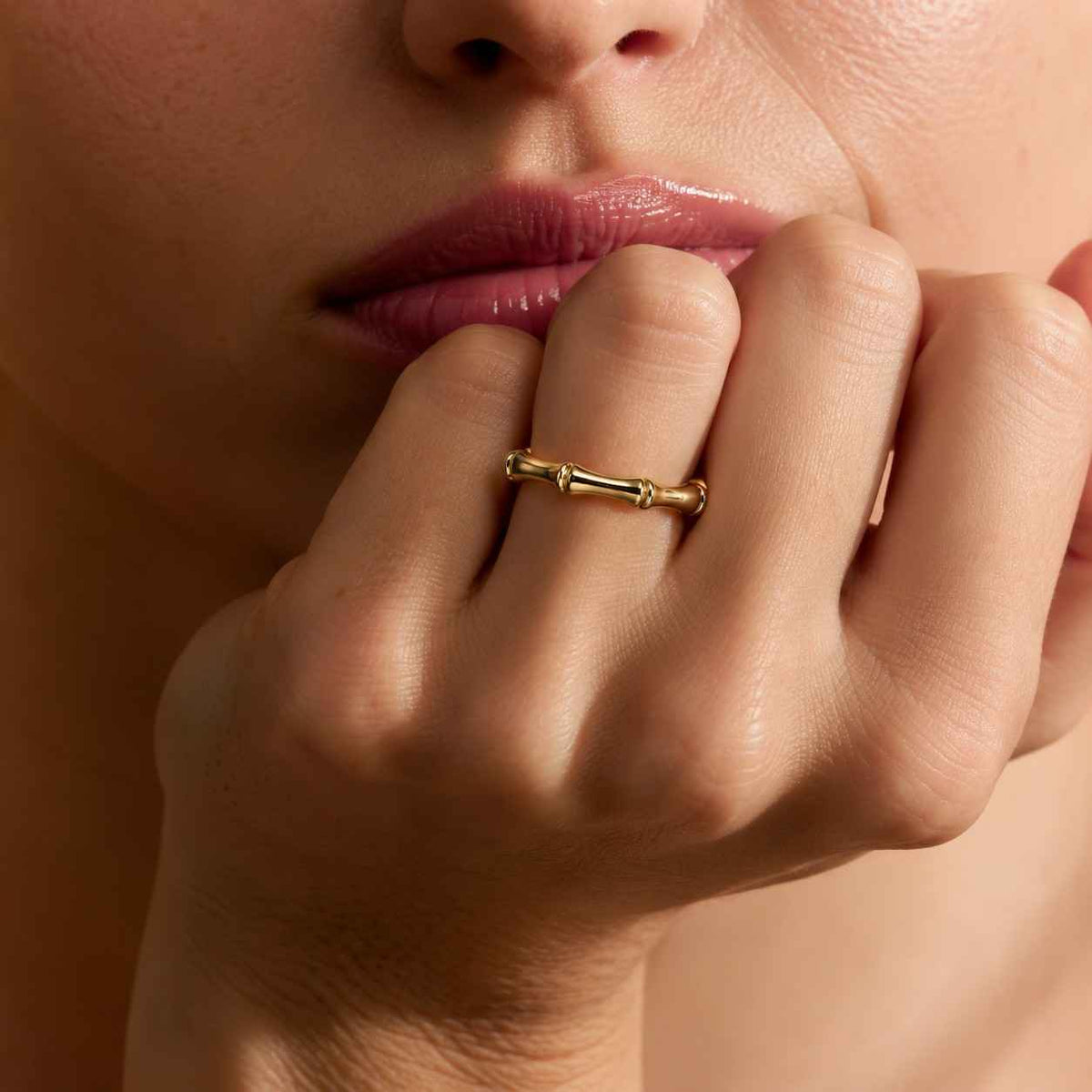14k solid gold bamboo ring | dainty gold stacking band for women, nature inspired jewelry
