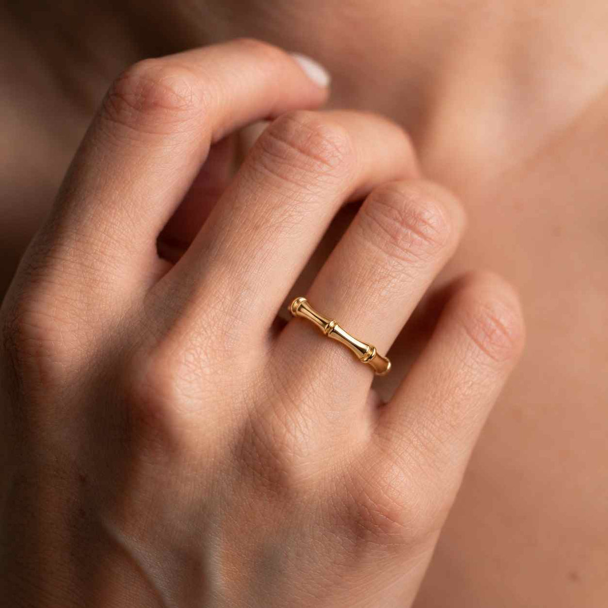 14k Solid Gold Bamboo Ring Dainty Nature Inspired Stackable Band
