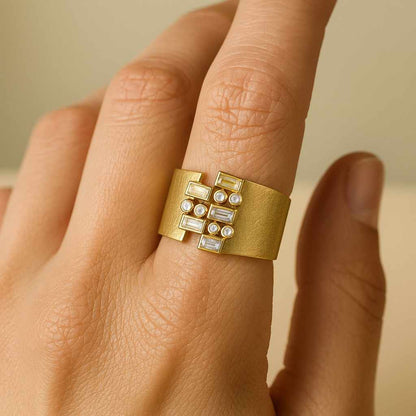 14k Solid Gold Cigar Wedding Band, Wide Pave Moissanite Ring for Women