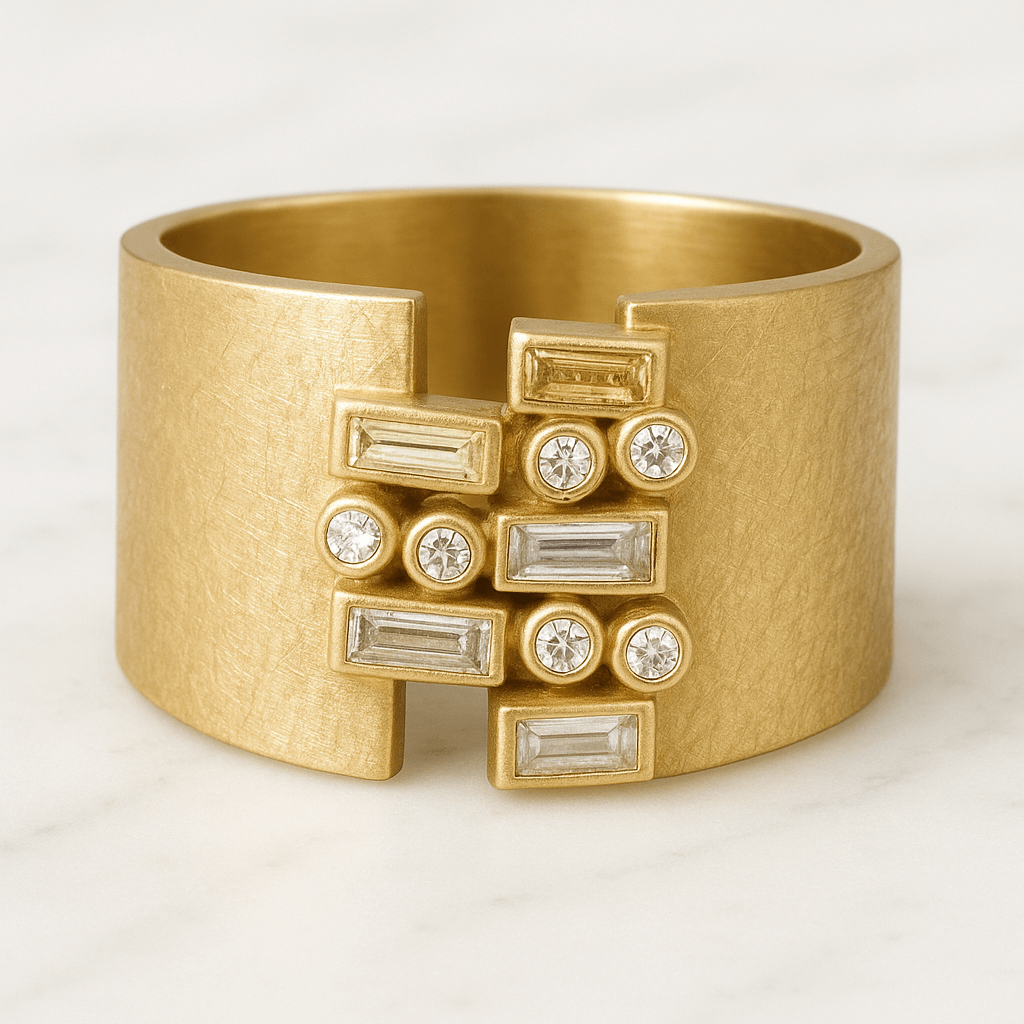 14k Diamond Cigar Band, Ribbed Texture, Fluted Design, Pave Diamond Accents