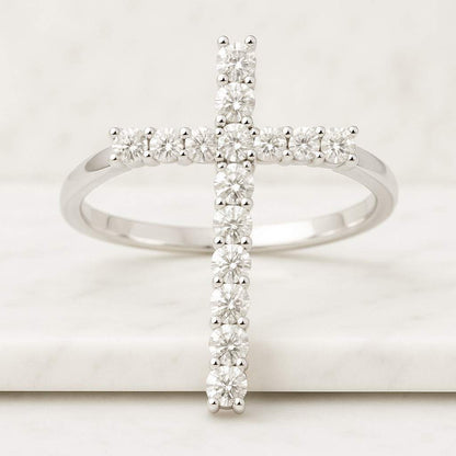 14k Solid Gold Cross Pave Ring Chunky Couples Matching Ring