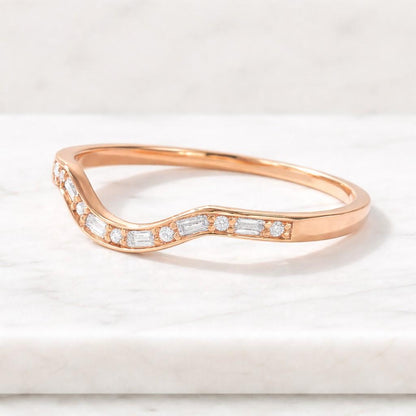 14k Solid Gold Curved Moissanite Baguette Wedding Ring