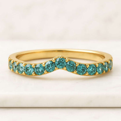 14k Solid Gold Curved Wedding Ring Minimalist Lab Diamond Chevron Band for Women Thin Stackable Enhancer Eco Friendly Bridal Gift