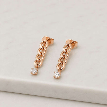 14k Solid Gold Dangle Diamond Chain Threader Chime Earring Clear CZ Earlobe Curved Bar Threader Stud Hook Founding Ear Wire Open Ring