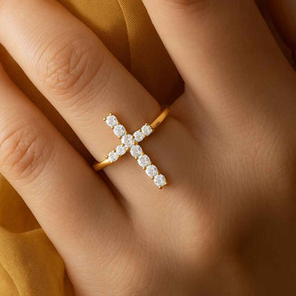 14k Solid Gold Diamond Cross Ring Dainty Half Eternity Band for Women