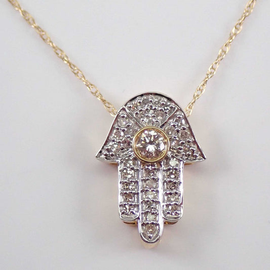 14k Solid Gold Diamond Hamsa Necklace, Diamond Evil Eye Necklace for Women