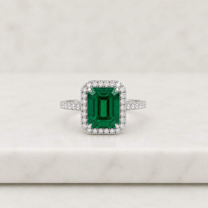 14k Solid Gold Emerald Halo Engagement Ring - Round Cut Solitaire Promise Ring
