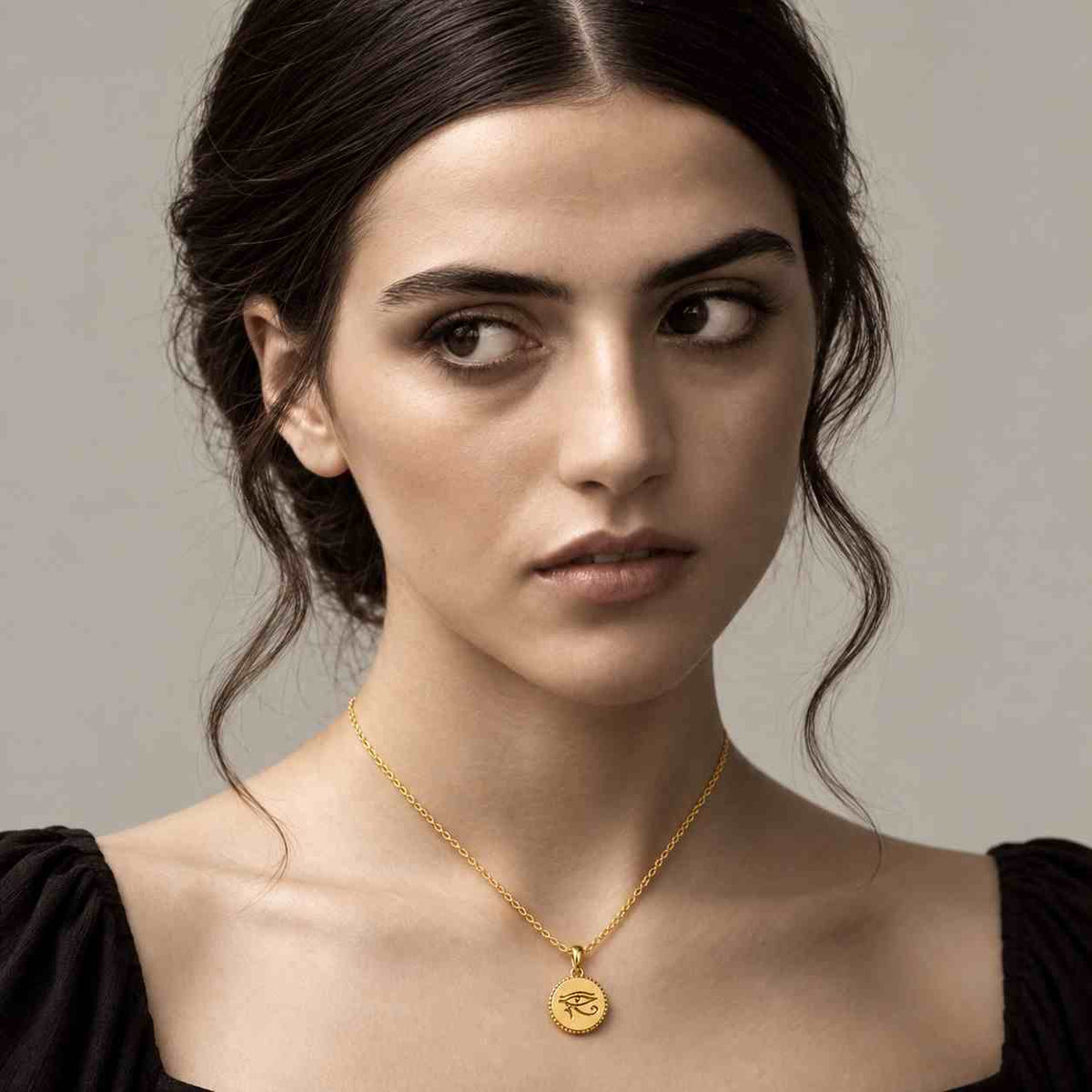 14k Solid Gold Eye of Horus Necklace, Round Wadjet Charm, Custom Engraved Egyptian Pendant, Dainty Evil Eye Amulet
