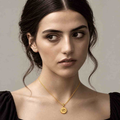 14k Solid Gold Eye of Horus Necklace, Round Wadjet Charm, Custom Engraved Egyptian Pendant, Dainty Evil Eye Amulet
