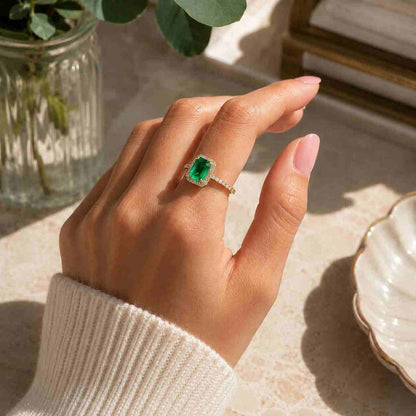 14k Solid Gold Halo Emerald Ring • Rectangle Engagement Ring • May Birthstone
