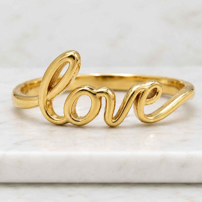 14k Solid Gold Love Script Ring: Valentine's Gift
