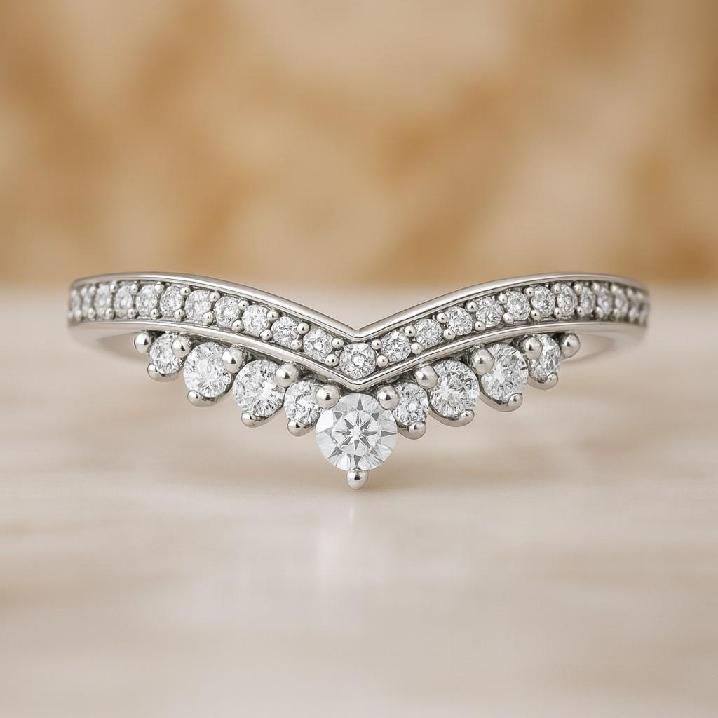 V Shape Curved Wedding Band, 14k Solid Gold Pave Diamond Ring for Women, 3mm Comfort Fit Engravable Anniversary Band for Her