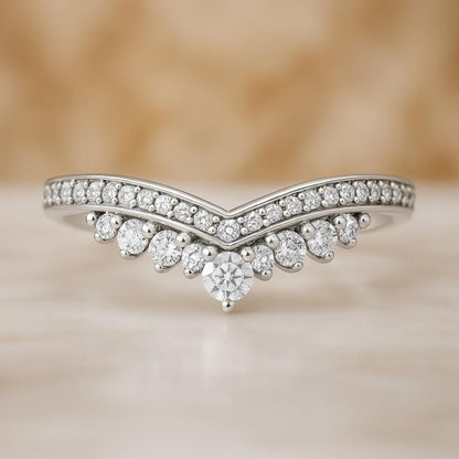 V Shape Curved Wedding Band, 14k Solid Gold Pave Diamond Ring for Women, 3mm Comfort Fit Engravable Anniversary Band for Her