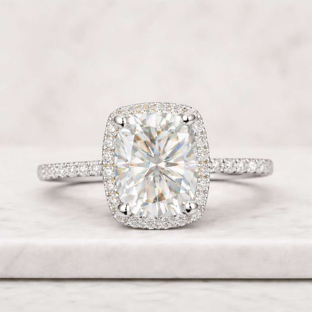 cushion cut moissanite engagement ring, halo diamond ring in 14k white gold, cushion halo wedding ring for her, hidden halo promise ring

