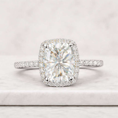 Cushion Cut Moissanite Engagement Ring, Halo Diamond Ring in 14k White Gold, Cushion Halo Wedding Ring for Her, Hidden Halo Promise Ring

