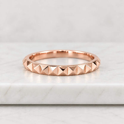 14k Solid Gold Vintage Patterned Band Ring, Modern Stackable Polygon, Geometric Faceted Ring, Wedding Band, Facet Statement Ring for Women
