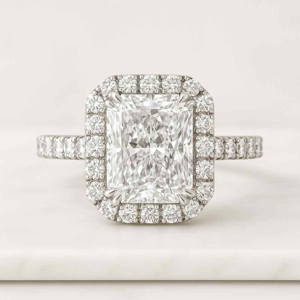 14k Solid White Gold Radiant Diamond Halo Engagement Ring Real Lab Grown Diamond Ring