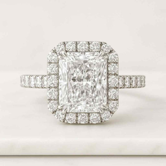 14k Solid White Gold Radiant Diamond Halo Engagement Ring Real Lab Grown Diamond Ring