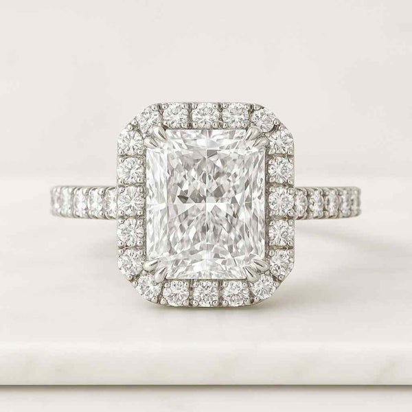 14k Solid White Gold Radiant Diamond Halo Engagement Ring Real Lab Grown Diamond Ring