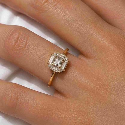 14k Vintage Inspired Art Deco CZ Diamond Engagement Ring Baguette Cut Wedding Ring 14k Solid Gold CZ Diamond Cluster Ring Personalized Gift
