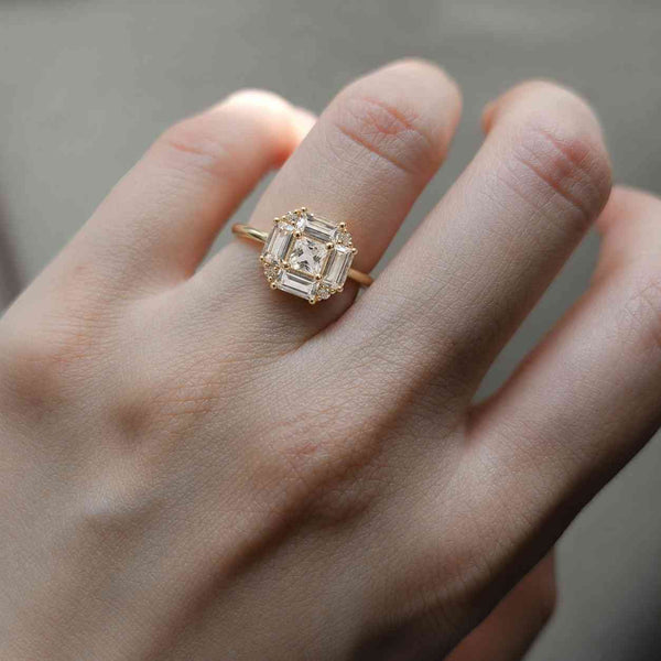 14k Vintage Inspired Art Deco CZ Diamond Engagement Ring Baguette Cut Wedding Ring 14k Solid Gold CZ Diamond Cluster Ring Personalized Gift