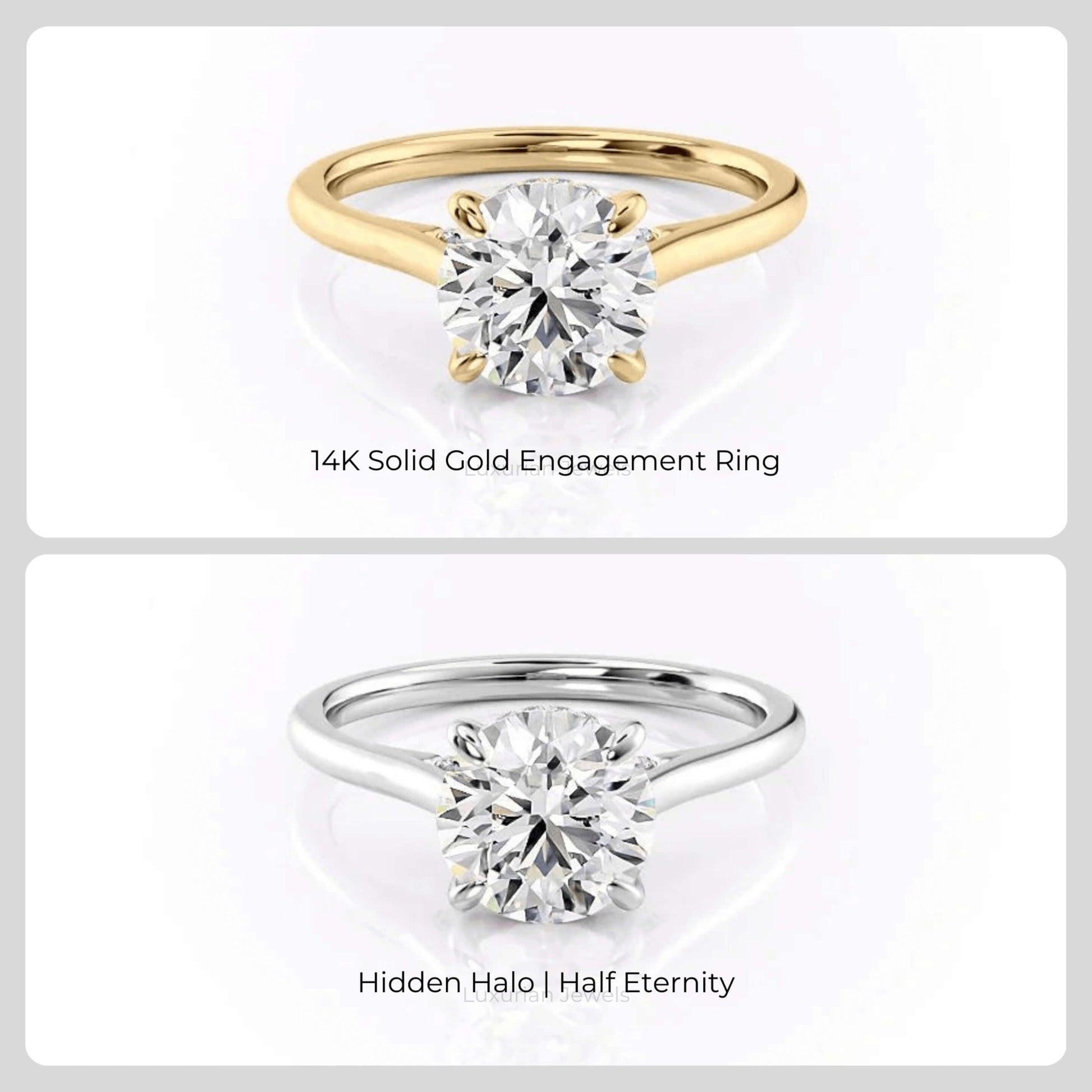 14k White Gold Round Cut Diamond Engagement Ring With Hidden Halo