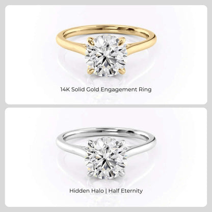 14k White Gold Round Cut Diamond Engagement Ring With Hidden Halo