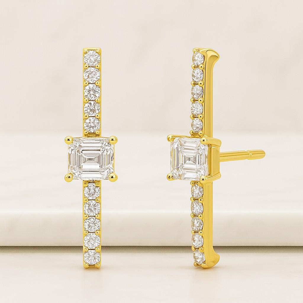 14k Yellow Gold Alternating Marquise Emerald Diamond Gold Filled Emerald Diamond Huggie Hoop Earrings Diamond Huggies with Emerald Earrings Holiday Party Diamond Emerald Huggies Gift Earrings
