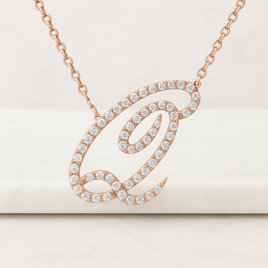 14k Yellow Gold Diamond Initial Z Pendant Handmade Cursive Letter Charm