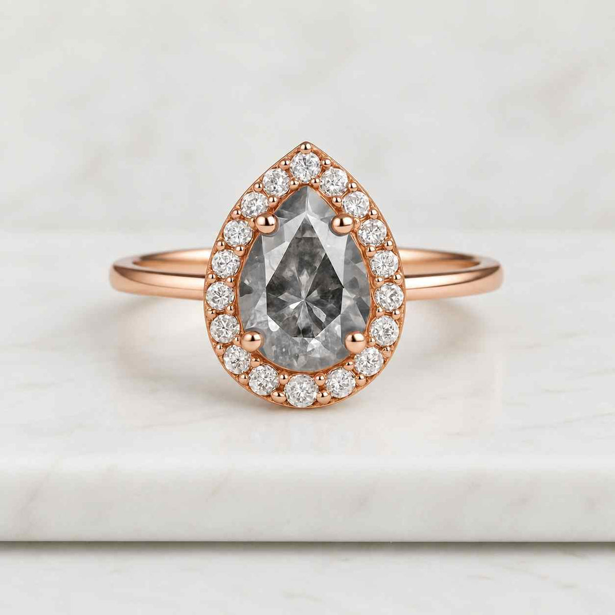 14k Yellow Gold Pear Cut Salt and Pepper Diamond Bridal Set, Vintage Engagement Ring