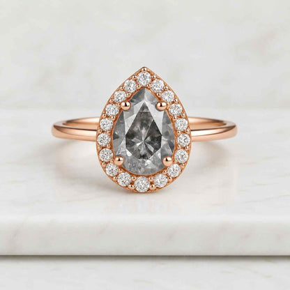 14k Yellow Gold Pear Cut Salt and Pepper Diamond Bridal Set, Vintage Engagement Ring