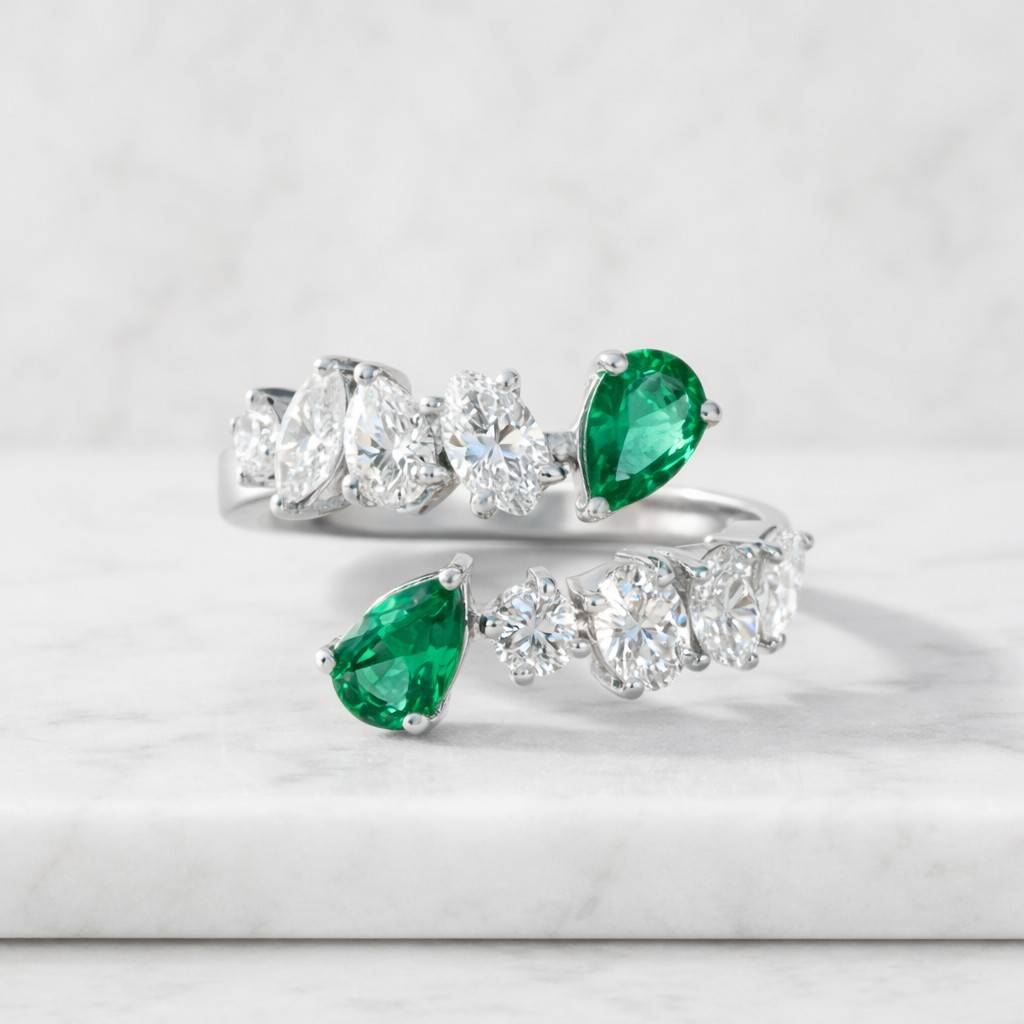 open cuff marquise emerald gold band, twin green gem stack ring