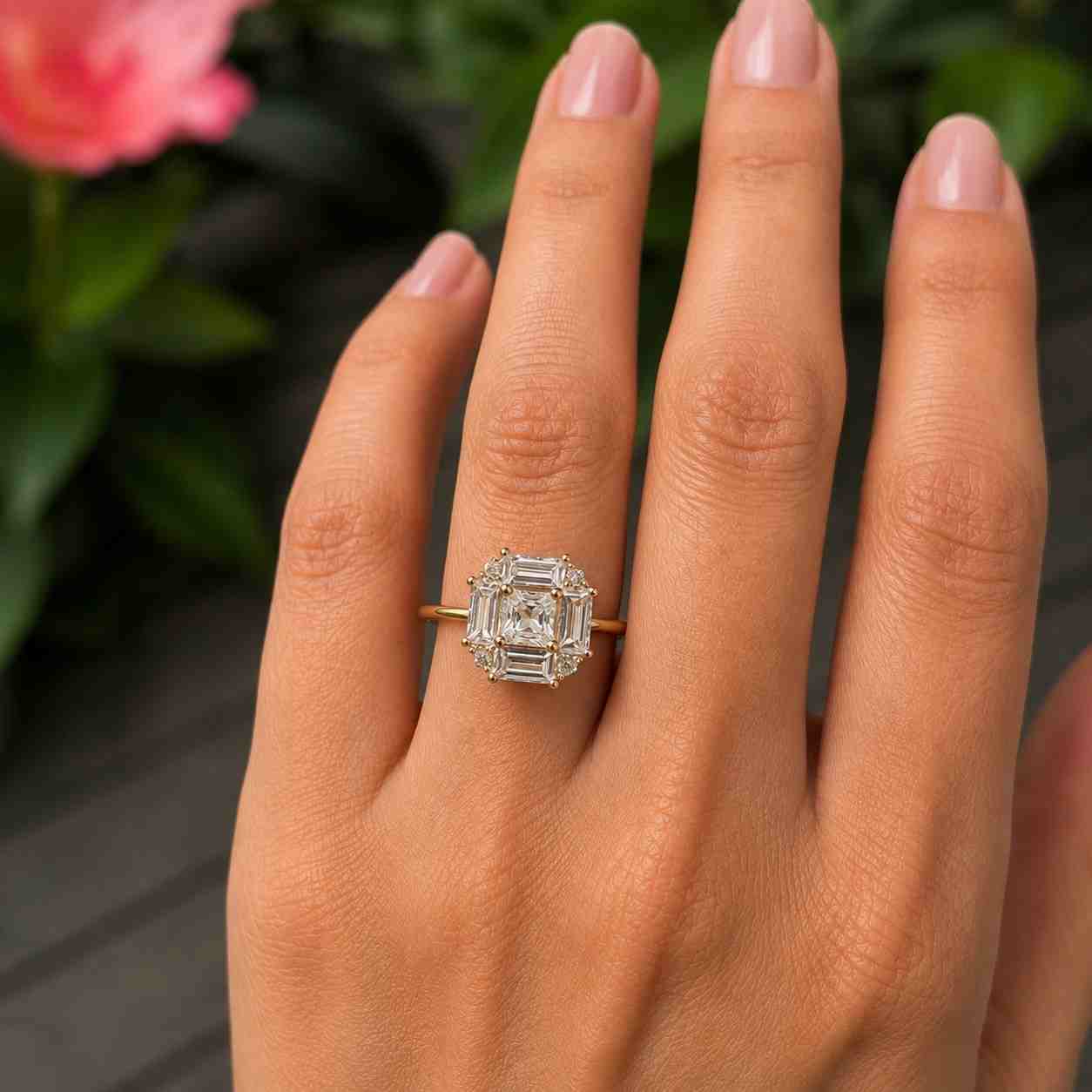 14k solid gold 1.5 ct round lab-grown diamond engagement ring – cushion halo, pave band, igi certifies