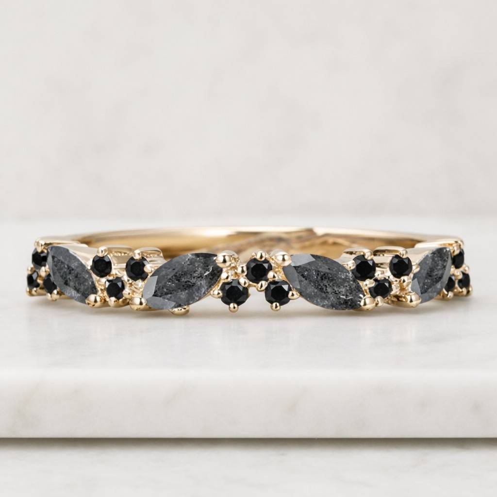 black rutilated quartz wedding band unique rose gold wedding band vintage marquise half eternity wedding band bridal matching stackable band
