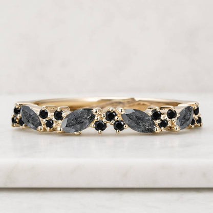 Black rutilated quartz wedding band Unique rose gold wedding band Vintage Marquise Half eternity wedding band Bridal Matching Stackable band
