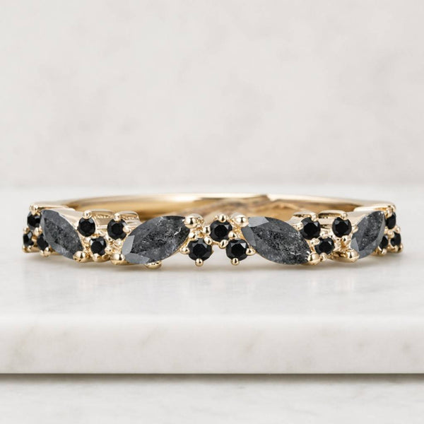 Black rutilated quartz wedding band Unique rose gold wedding band Vintage Marquise Half eternity wedding band Bridal Matching Stackable band
