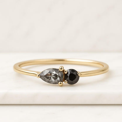 18K Pear Salt And Papper Natural Diamond Engagement And Wedding Ring Salt and Pepper Diamond Band V Shaped Matching Band Perfect For Anniversary Gift