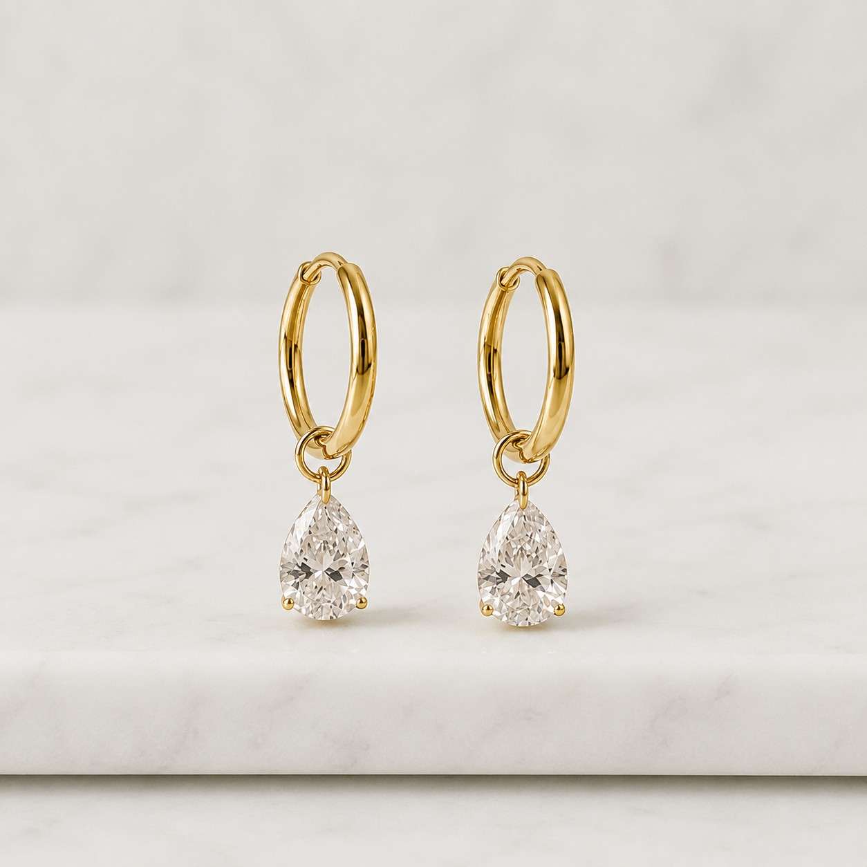 Drilled Pear Cut Lab Diamond Dangle Charm, 14K Gold Hoop Earring, Removable Fine Jewelry
