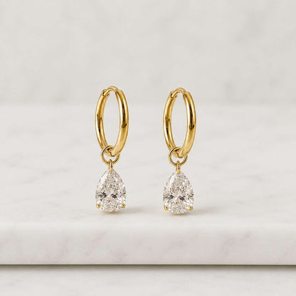 Drilled Pear Cut Lab Diamond Dangle Charm, 14K Gold Hoop Earring, Removable Fine Jewelry
