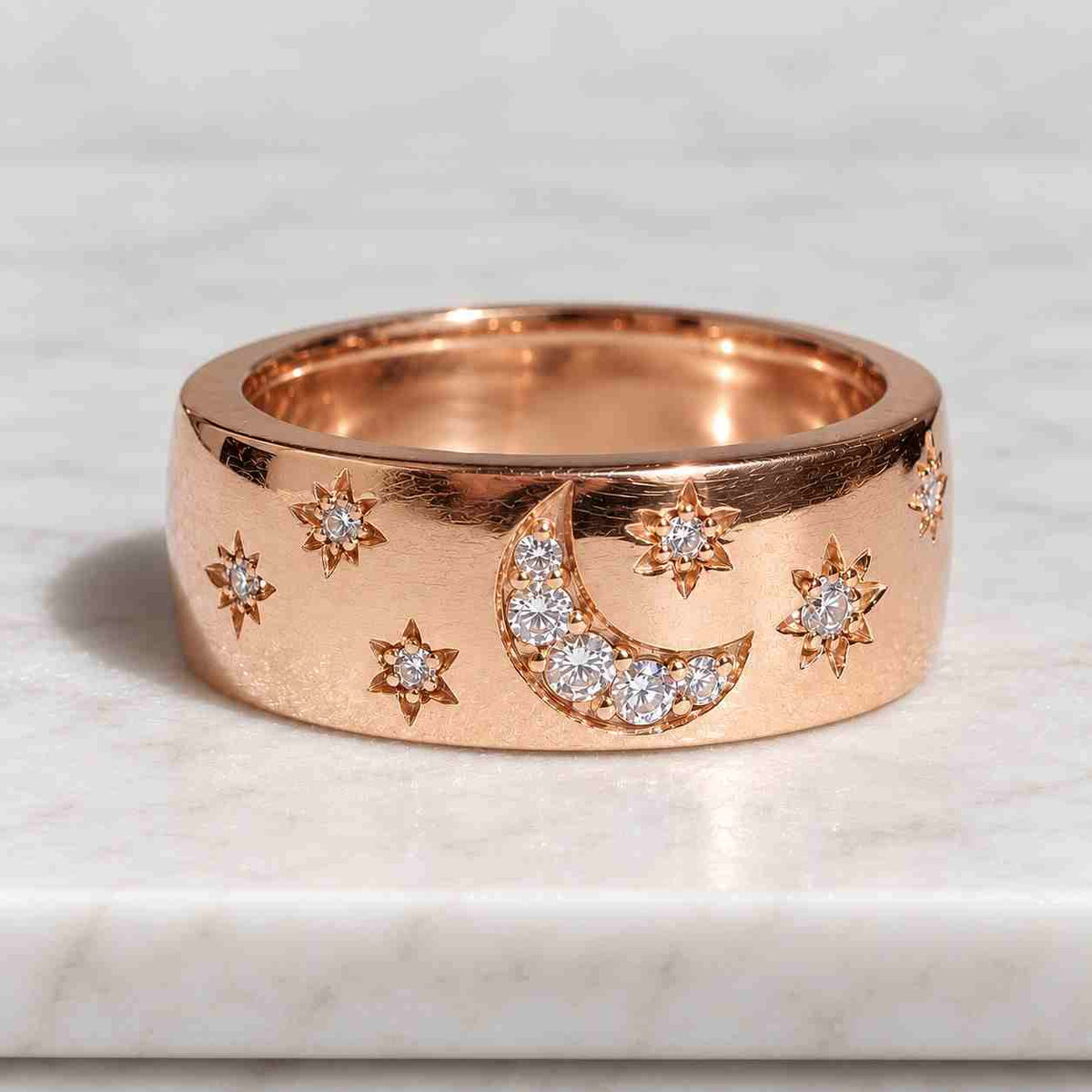 18K Gold Diamond Night Sky Cigar Band, Diamonds Moon and Stars Wedding Band, Crescent Celestial Ring, Fine Handmade Jewelry
