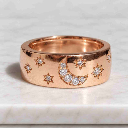 18K Gold Diamond Night Sky Cigar Band, Diamonds Moon and Stars Wedding Band, Crescent Celestial Ring, Fine Handmade Jewelry
